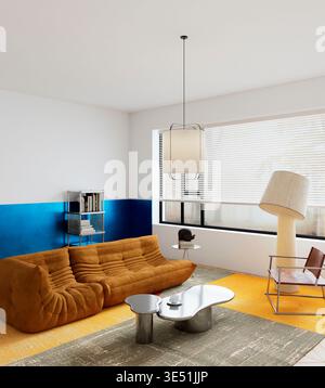 Modernes, modernes Wohnzimmer mit weitem Winkel, das die Ästhetik des bauhauses mit Farbblockierung, geometrischer Balance und minimalem Layout verbindet. Freier Raum mit Stockfoto