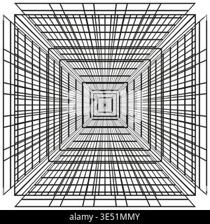Quadratisches Tunnelsymbol. Schwarzer Rastervektor. Tiefenperspektiveffekt. Abstrakter Geometriestil. Nur manueller Vektor. Kein autotrace verwendet. EPS 10. Stock Vektor