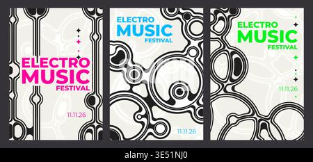 Abstraktes Musikposter mit bunten geometrischen Mustern, Retro-Vektor-Hintergrund-Set. Modernes Sounddesign für Partyflyer, Konzerteinladungen, elektronische Musikveranstaltungen mit Kugeln, Kugeln oder Blasen Stock Vektor