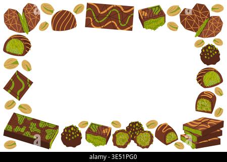 Dubai Schokoladen-Vektor-Rahmen aus Bars und Trüffeln mit grüner Pistazien-Knafeh-Füllung. Flache Illustration von Süßigkeiten und Nüssen auf weißem Hintergrund für Stock Vektor