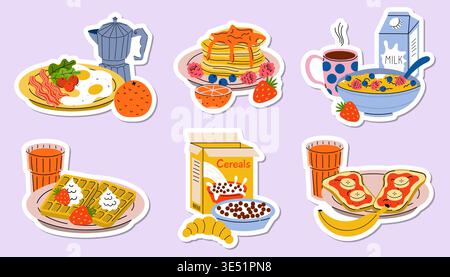 Stilleben-Aufkleber mit Spiegeleiern, Pfannkuchen, Müsli und Waffeln. Flache Cartoon-Illustrationen von Kompositionen für Morgenmahlzeiten enthalten Stock Vektor