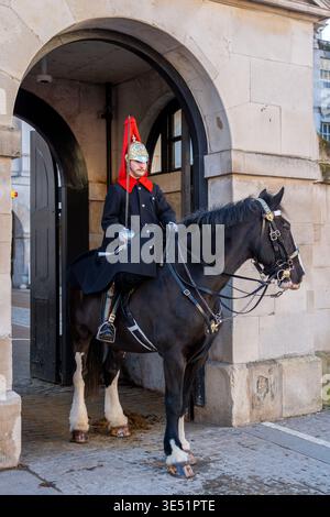 Mounted Blues and Royals Trooper des Household Cavalry Mounted Regiments im Dienst bei Horse Guards in der City of Westminster, London, Großbritannien Stockfoto