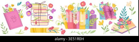 Buchstapel mit Blumen Karikaturvektor Illustration isoliert auf weißem Hintergrund. Geöffnete und geschlossene Bücher, gebunden mit Schnur oder Kordeln und mit Blumenstrauß zwischen den Seiten, Sommer- oder Frühlingsleseelemente Stock Vektor