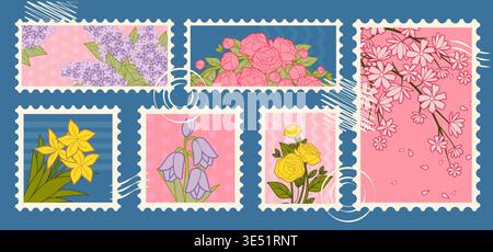 Vintage Briefmarken Frühlingsblumen Sammlung, Vektor-Illustration. Blumendesign im Retro-Postrahmen. Blühende Rosen, Narzissen und lilafarbene Blumenränder auf gestreiftem oder gepunktetem Hintergrund Stock Vektor