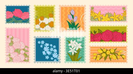 Vintage Briefmarken Frühlingsblumen Sammlung, Vektor-Illustration. Blumendesign im Retro-Postrahmen. Blühende Rosen, Tulpen und Narzissen Grenzen auf gestreiftem oder gepunktetem Hintergrund Stock Vektor