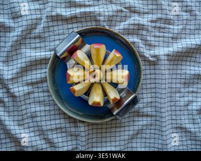 Draufsicht auf Apfelscheiben, die auf einem Teller angeordnet sind. Gesunder Snack und Clean Eating Konzept. Stockfoto
