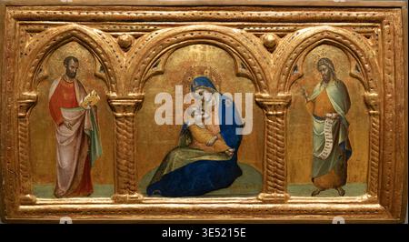 Lorenzo Veneziano 'die Madonna der Demut mit den Heiligen Markus und Johannes' um 1366-70, Lorenzo Veneziano Gemälde der Jungfrau Maria und des Kleinkindes Christus mit den Heiligen. Italienische Renaissance-Malerei aus dem 14. Jahrhundert; Gemälde/Kunst aus den 1300er Jahren; Eiertempura auf Holz. Stockfoto