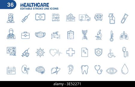 Gesundheitswesen Und Medizinische Umrisse Vektor-Symbol Set 36 Editierbare Schlaganfall Krankenhaus-Elemente Stock Vektor