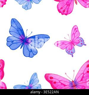 Nahtloses Aquarellmuster mit leuchtenden rosa und blauen Schmetterlingen. Die handgezeichnete Abbildung zeigt flatternde Insekten in verschiedenen Größen Stockfoto