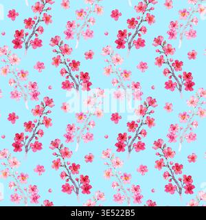 Handgezeichnetes nahtloses Aquarellmuster mit rosa Kirschblütenzweigen. Dieses zarte Blumenmuster zeigt weiche Sakura-Blüten und Knospen Stockfoto