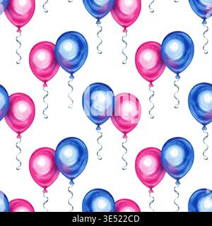 Nahtloses Aquarellmuster aus rosa und blauen Partyballons. Handgezeichnete Illustration mit einzelnen Ballons und gebundenen Paaren mit gelocktem Silber Stockfoto