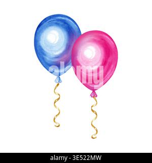 Wunderschöne handgezeichnete Aquarellillustration von zwei Partyballons, einer leuchtend blau und einer leuchtend rosa, gebunden mit goldenen Lockenbändern. So hoch Stockfoto