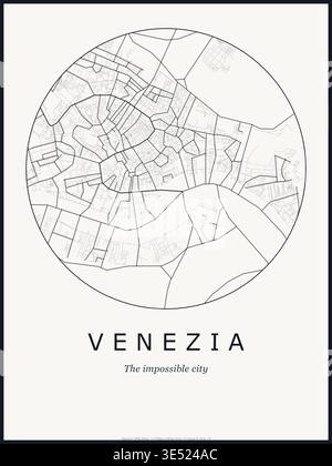 Stadtplan von Venedig – Poster-Design. Straßenkarte Kunst von Venedig Italien. Schwarz-weiß minimalistisches Straßennetz mit Downtown District für Wandkunst Wohnkultur Stock Vektor