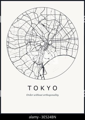 Poster mit Stadtplan von Tokio. Straßenkarten von Tokio Japan. Schwarz-weiß minimalistisches Straßennetz mit Downtown District für Wandkunst Wohnkultur Stock Vektor