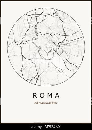 Poster mit Stadtplan von Rom. Straßenkarte Kunst von Rom Italien. Schwarz-weiß minimalistisches Straßennetz mit Downtown District für Wandkunst Wohnkultur Stock Vektor