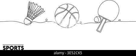 Minimalistische Vektor-Illustration zeigt Sportausrüstung einschließlich Shuttlecock, Basketball und Tischtennispaddel mit einem Ball, gezeichnet in einer modernen Single. Stock Vektor