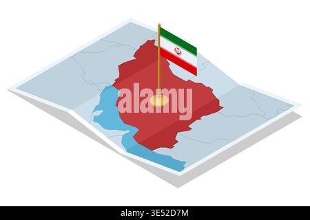 Isometrische Karte des Iran mit einer nationalen Flaggennadel auf dem Territorium des Landes. Politisches Geographiekonzept zeigt die Lage des Bundesstaates, die nationale Identität, die regionale Stock Vektor