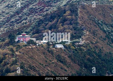 Das buddhistische Kloster Tengboche thront auf einem Hügel mit den Gipfeln des Himalaya im Hintergrund, Nepal. Stockfoto