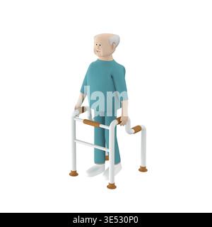 Seniorenfigur in geduldiger Kleidung, die mit einem hochgezogenen Walker läuft, 3D-Illustration Stockfoto