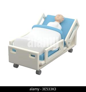 Ältere männliche Figur legt sich auf das medizinische Bett und schaut nach oben, 3D-Illustration Stockfoto