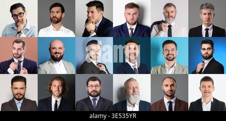 Große Sammlung männlicher Porträts. Männer unterschiedlichen Alters Stockfoto