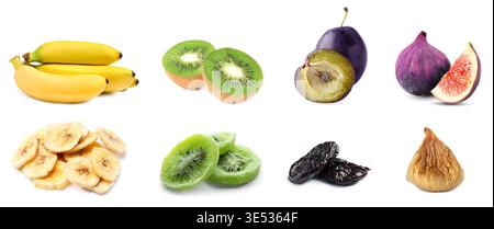Frische und getrocknete Früchte isoliert auf weiß, Set Stockfoto