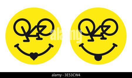 Lustige Fahrrad-Smiley-Symbole mit ausdrucksstarken Gesichtern auf gelbem Hintergrund. Minimalistischer Stil, verspieltes Radkonzept, isolierte Designelemente. Stockfoto