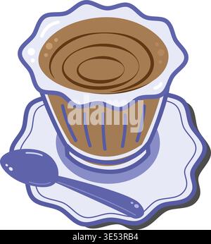 Kaffeetasse mit Löffel auf Untertasse mediterraner handgezeichneter Sticker Icon minimalistisches flaches Design. Isolierte Vektor Illustration Aufkleber Icon Kaffee Verwandte Stimmung Inhalt oder Grußkarten, Flugblätter Stock Vektor