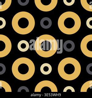 Nahtloses geometrisches Muster mit goldenen und grauen Ringen auf schwarzem Hintergrund. Stock Vektor