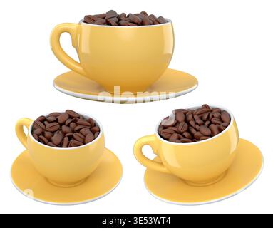 Set aus Keramikkkaffeetassen gefüllt mit gerösteten Kaffeebohnen, glänzend, isoliert auf weißem Hintergrund, Konzept von Koffein Stockfoto