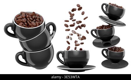 Set aus Keramikkkaffeetassen gefüllt mit gerösteten Kaffeebohnen, glänzend, isoliert auf weißem Hintergrund, Konzept von Koffein Stockfoto