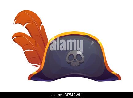 Piratenhut oder Korsaar und Kapitänskopfbekleidung, Cartoon-Vektor-Ikone. Tricorn- oder Bicornmütze aus der Karibik mit Jolly Roger Skull-Emblem und Federgefieder, Seemann-Boot- oder Skipper-Marine-Hut Stock Vektor