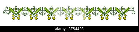 Oliventeiler, Trennzeichen und Randrahmen mit grünen Blättern und Blumen, Vektormuster. Teiler aus Olivenzweig und Oliven mit blühend verziertem Muster für italienisches Design oder griechisches Rahmentrennzeichen Stock Vektor