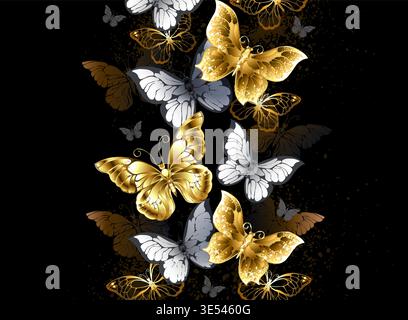 Vertikale Komposition aus luxuriösem Schmuck, glänzenden Goldschmetterlingen und realistischen weißen Schmetterlingen auf schwarzem Hintergrund. Goldener Schmetterling. Stock Vektor