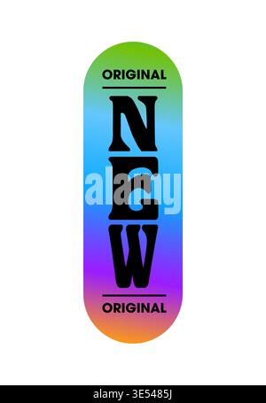 Neuer Aufkleber oder Etikett im Vintage Y2K-Stil mit Hologramm. Metallic-Farbhologramm Vintage Patch, reflektierende Folie Y2K Vektor-Etikett. Holographischer Aufkleber oder Tag mit vertikaler Typografie aus Chrom Stock Vektor