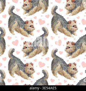 Ein Aquarellmuster mit einem süßen lockigen Terrier mit winzigen Herzen Stockfoto