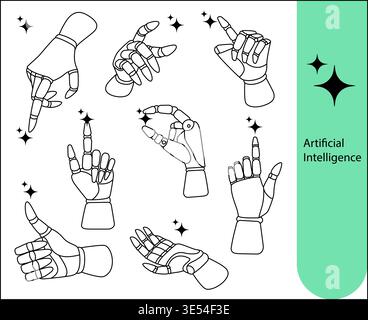 Künstliche Intelligenz Satz von Liniensymbolen, die verschiedene Handgesten des Helferroboters darstellen. Geeignet für AI-Assistent, Chatbot-UI Stock Vektor