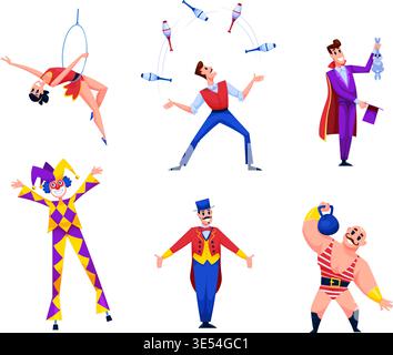 Cartoon-Zirkuskünstler. Chapiteau-Künstler, Clown Stelzen Kontortionist Künstler Karneval fair People Charaktere Magier Jongleur Strong man Personage qualitative Vektor Illustration Original Kunstwerk Stock Vektor