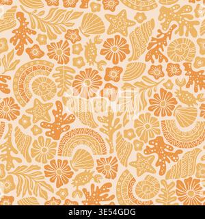 Hand gezeichnetes nahtloses Pastellmuster mit Muscheln, Korallen, Blumen und Sternen, verspielter Ozean-Thema Boho-Hintergrund mit weichem Beige dekorativ Stock Vektor
