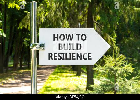 So erstellen Sie ein Resilienzsymbol. Konzeptworte wie man Widerstandsfähigkeit auf einem schönen weißen Straßenschild schafft. Schöner grüner Garten im Hintergrund. Geschäftsanweisungen Stockfoto