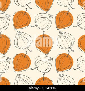 Muster mit handgezeichneten minimalistischen Physalisschalen und orangefarbenen Punkten auf cremefarbenem Hintergrund. Künstlerische botanische Textur mit cape Stachelbeere für Bio-Lebensmittel-Verpackungen, Textildesign und Küchentapete. Vektorabbildung Stock Vektor