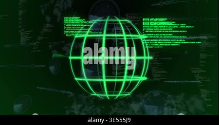 Anzeige neongrüner Wireframe-Globus, die sich innerhalb des Cyber-Dashboards dreht, mit frei beweglichen Codeblöcken Stockfoto