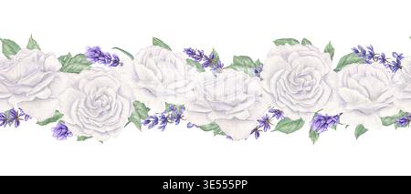 Aquarell verflochtene weiße Rosen und lila Lavendelblüten nahtloses Banner auf isoliertem Hintergrund. Gartenblumen und Wiesenkraut verziert. Stockfoto