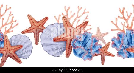 Nahtlose Grenze mit Seesternen Muscheln und Korallen in Ozeanzusammensetzung. Handgezeichnete Aquarellzeichnung Illustration, ideal für Textilgewebe Tapeten Verpackung Postkarte und dekoratives Design. Stockfoto