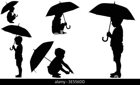 Kinder, Die Regenschirme Halten Silhouetten-Sammlung, Regnerischer Tag Kinder Vektor-Illustration Stock Vektor