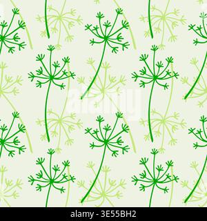 Muster mit handgezeichneten, stilisierten Dill- und Fenchelschirmen im minimalistischen Öko-Stil, perfekt für Küchentextilien, umweltfreundliche Lebensmittelverpackungen und visuelles Branding für Blogs und Menüs für Gartenarbeit oder gesunden Lebensstil. Vektorabbildung Stock Vektor