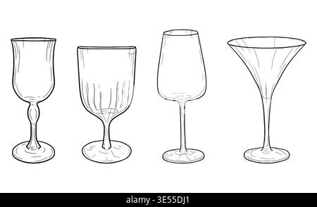 Wein- oder Cocktailgläser, handgezeichnete Skizze. Vektorabbildung. Martini-Brille, einfaches Set isoliert auf weißem Hintergrund Stock Vektor