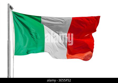 Italienische Trikolore-Flagge winkt im Wind auf dem Pol isoliert auf weiß mit Beschneidungspfad Stockfoto