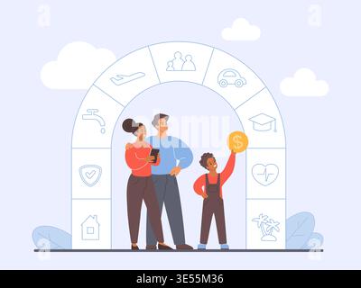 Glückliche schwarze Familie, die Geld verwaltet und zukünftige finanzielle Ziele wie Reisen, Bildung, Gesundheit und Heimersparnis unter Schutzbogen der Lebensversicherung und Investitionen Vektor Illustration planen Stock Vektor