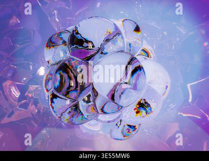 3D-Rendering eines abstrakten Flüssigglas-Clusters, bestehend aus glatten, miteinander verbundenen Blasen mit stark reflektierenden und irisierenden Oberflächen. Stockfoto
